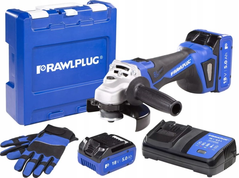 Zestaw SZLIFIERKA KĄTOWA RawlPlug + 2x akumulator 5,0Ah + ładowarka 6,5A System 18V